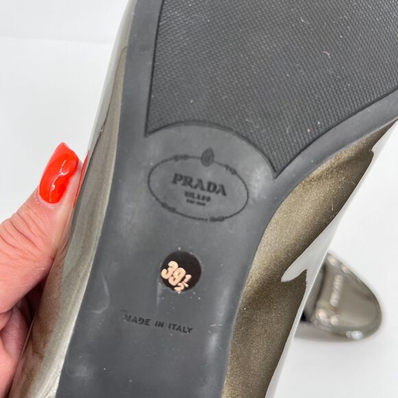 Prada Vernice Taffeta Peltro Green Patent Leather Kitten Heels 39.5 NEW in Box - Picture 6 of 13